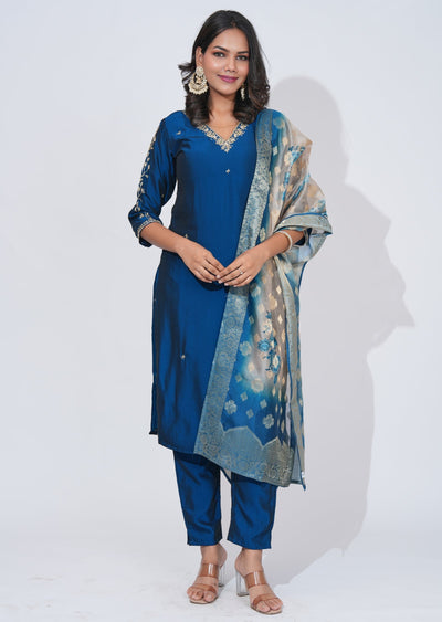 Teal Blue Silk Straight cut Suit