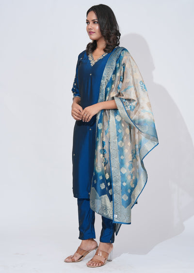 Teal Blue Silk Straight cut Suit