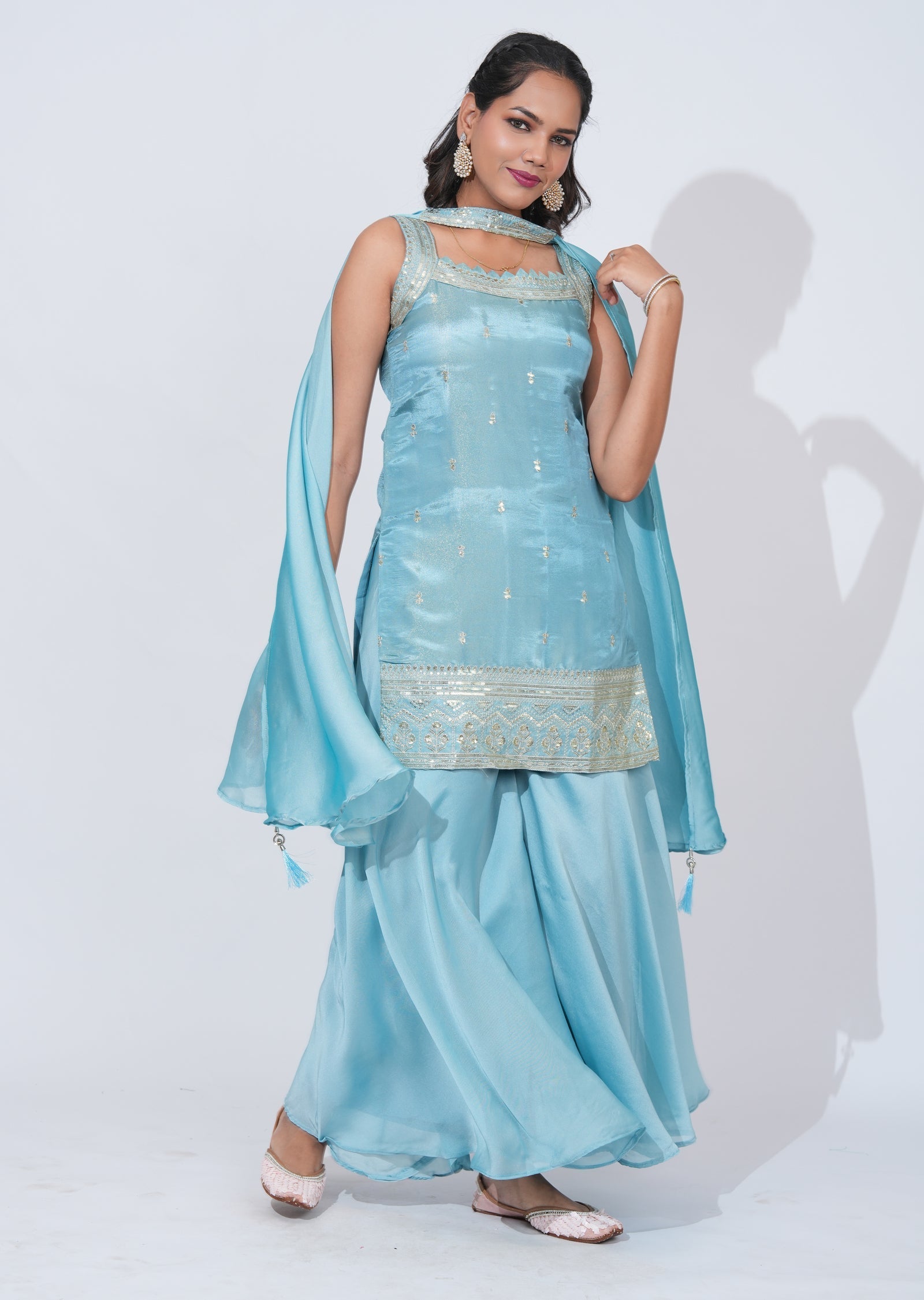 Blue Tissue Sharara Set