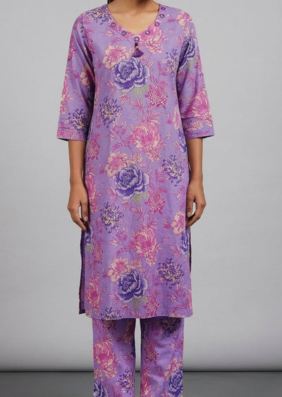 Light Purple Printed Cotton Kurti Set