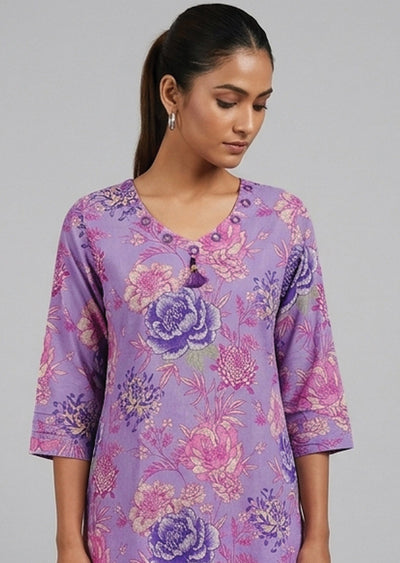 Light Purple Printed Cotton Kurti Set