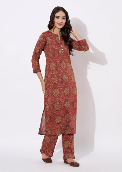 Brwon & Magenta Linen Silk Kurti Set