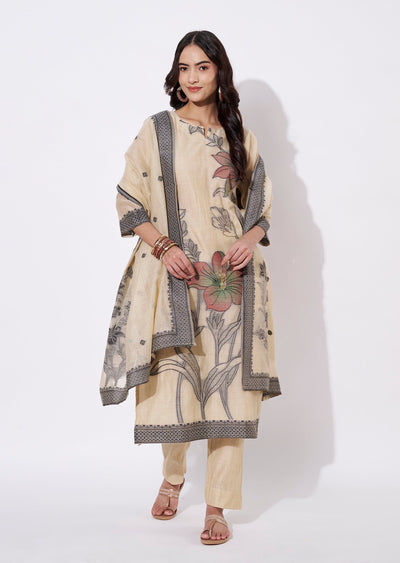 Beige Chanderi Straight cut suit
