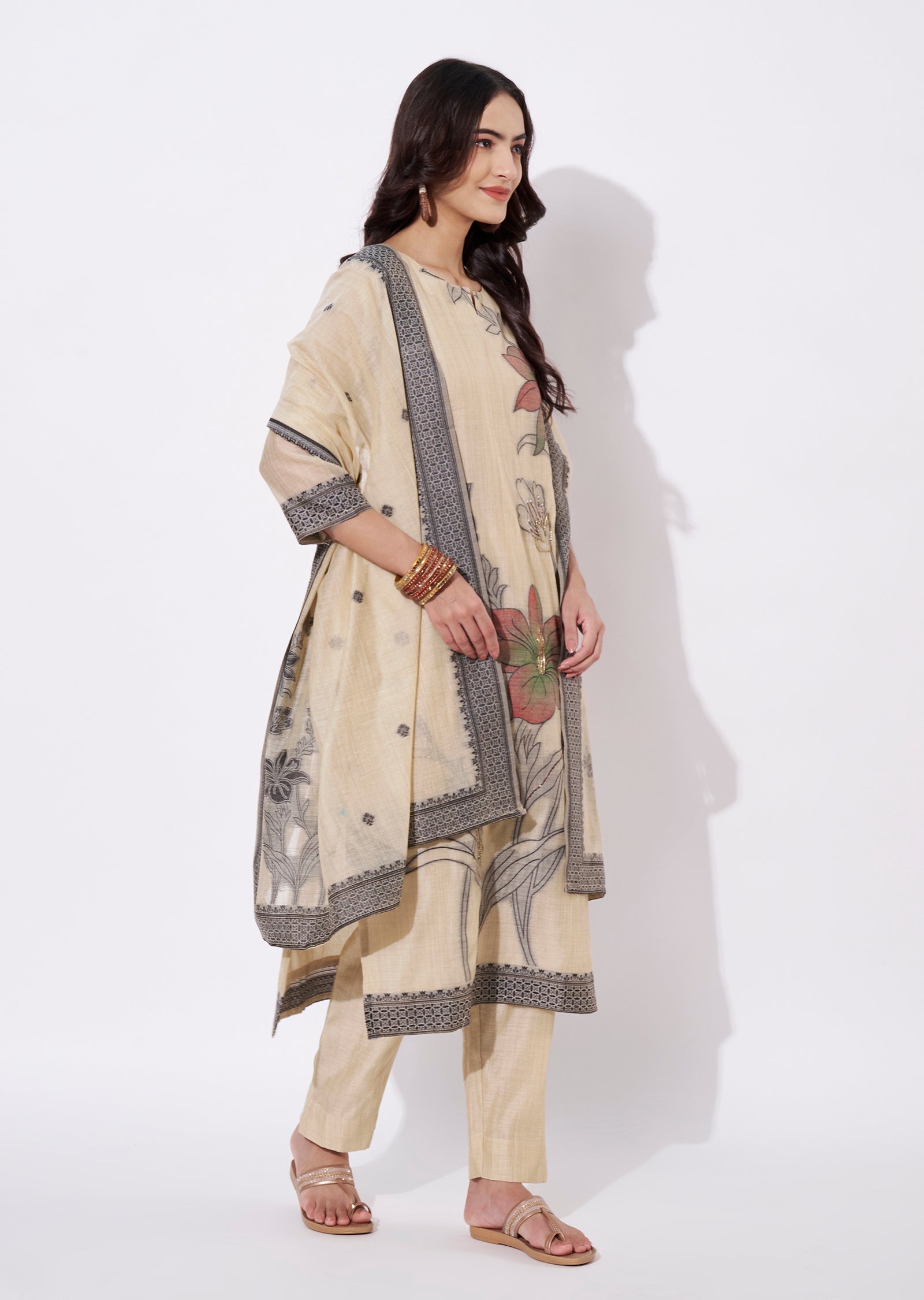 Beige Chanderi Straight cut suit