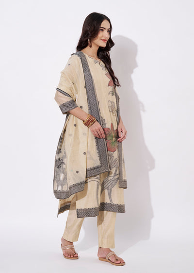 Beige Chanderi Straight cut suit