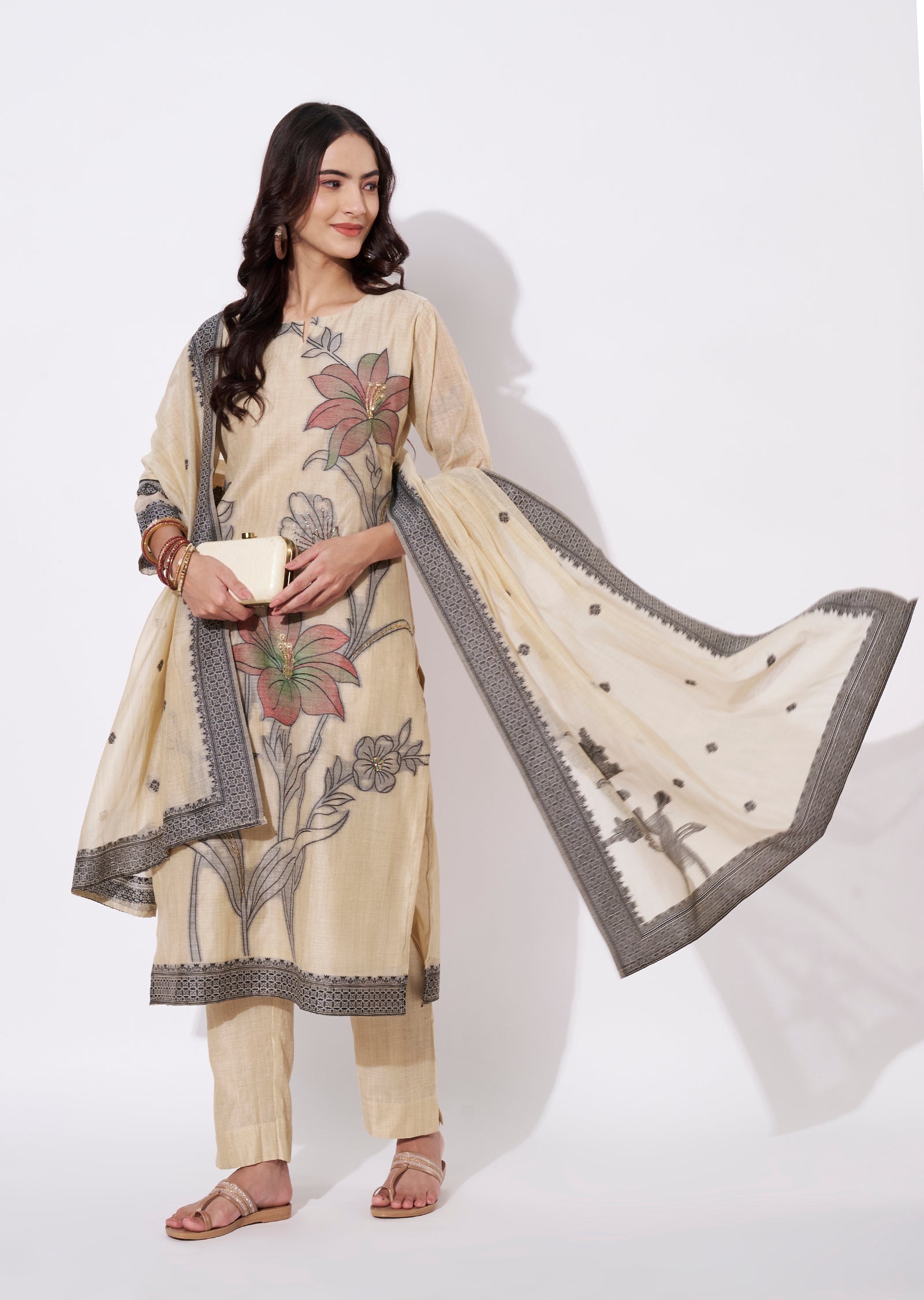 Beige Chanderi Straight cut suit