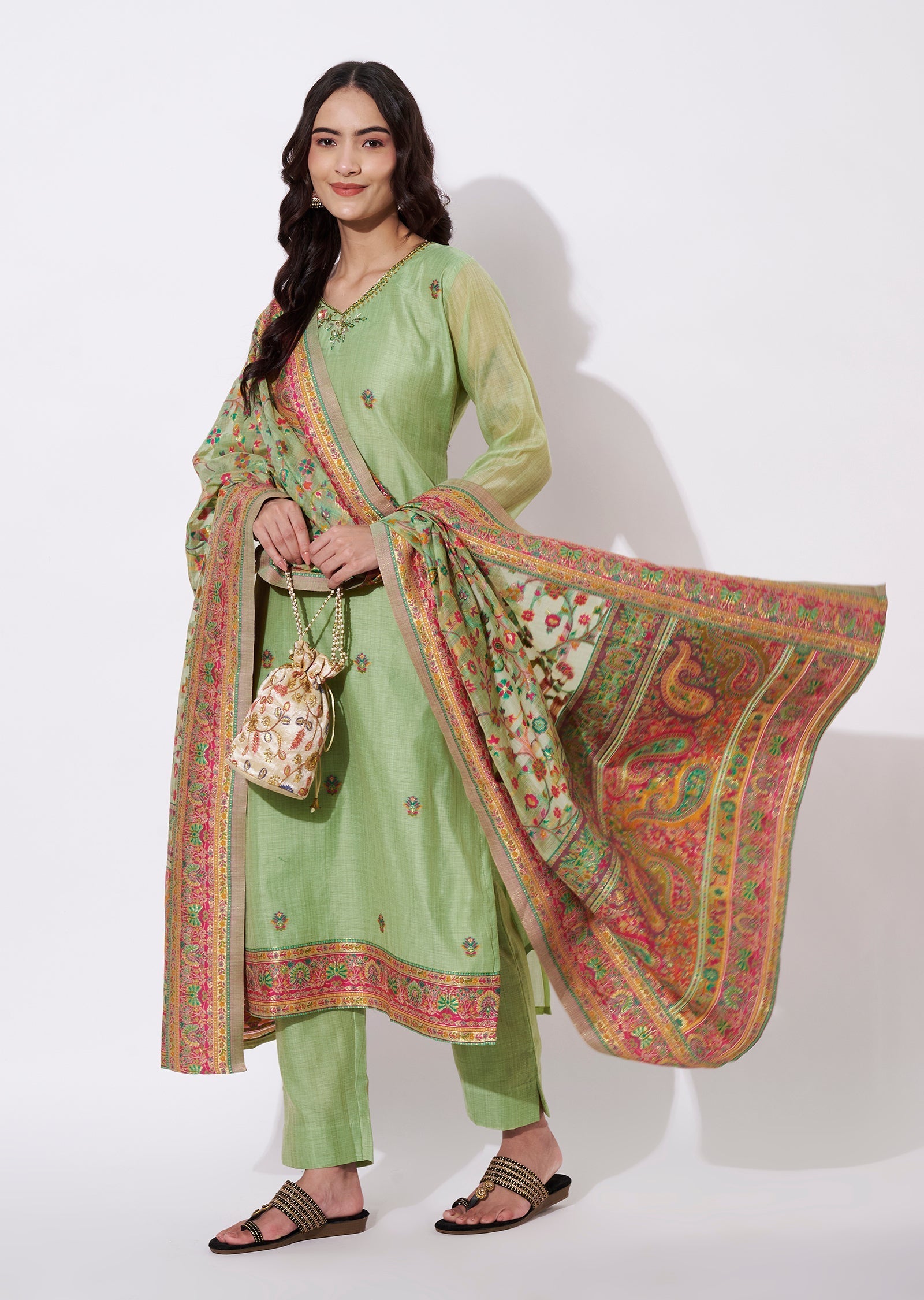 Parrot Green Chanderi Straight cut suit