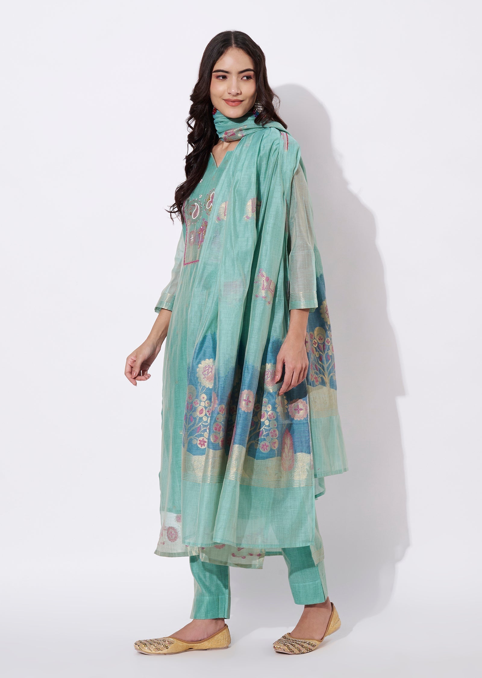 Dusty Green Chanderi Straight cut suit