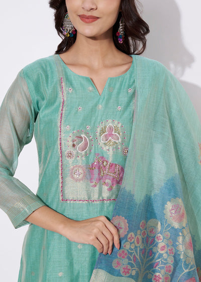 Dusty Green Chanderi Straight cut suit