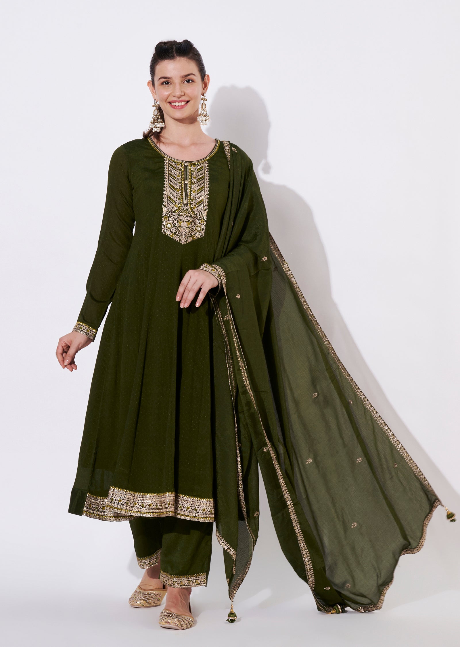 Olive green Chinnon Anarkali Suit
