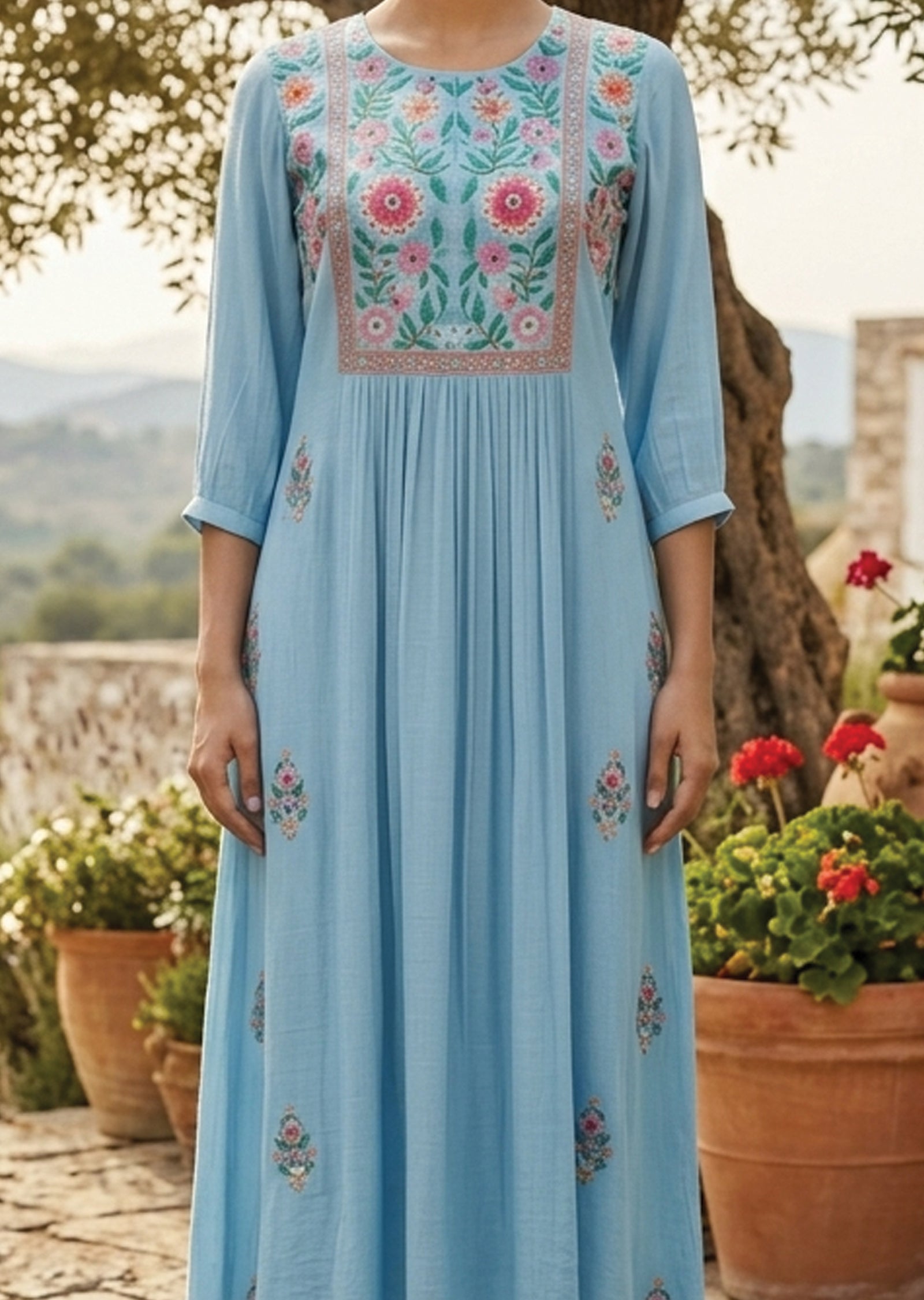 Blue Linen Georgette Frock Kurti