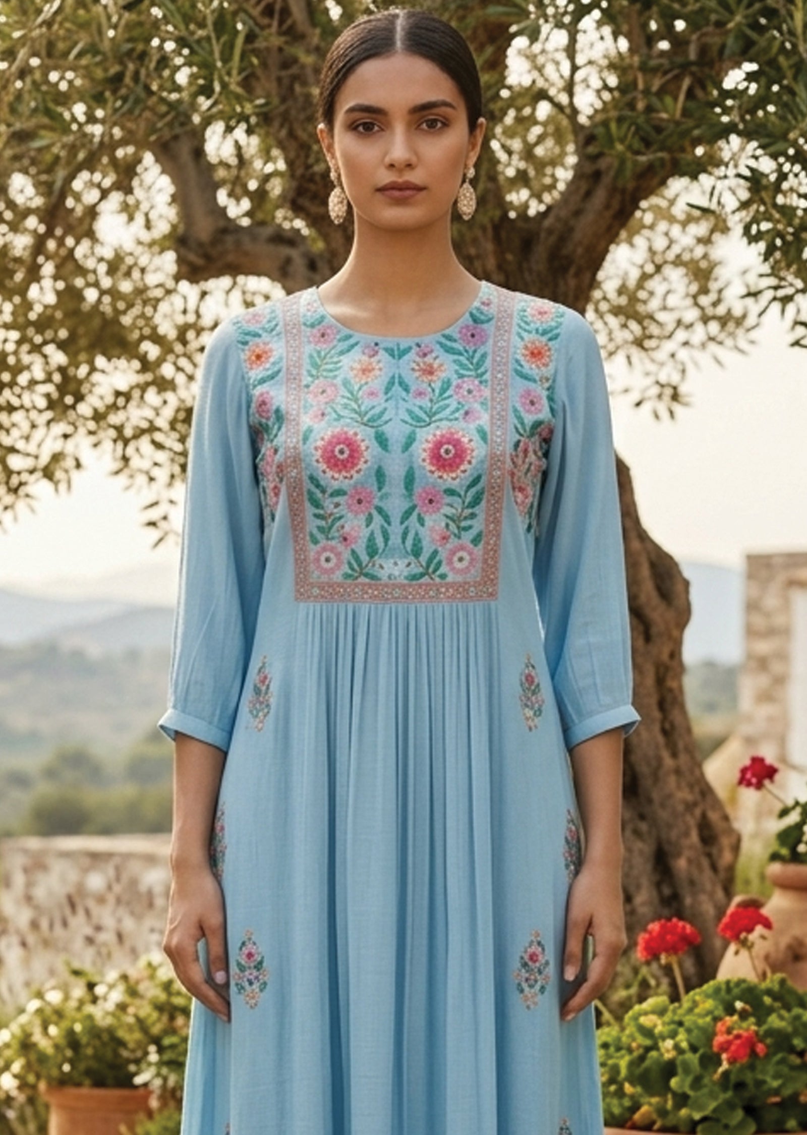 Blue Linen Georgette Frock Kurti