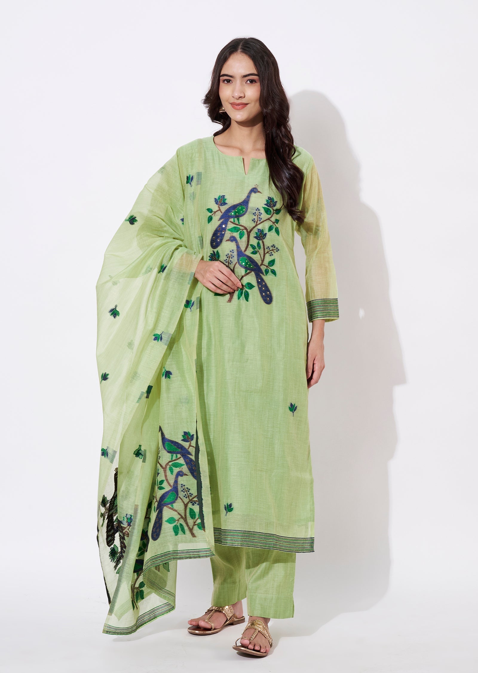 Parrot Green Chanderi Straight cut suit