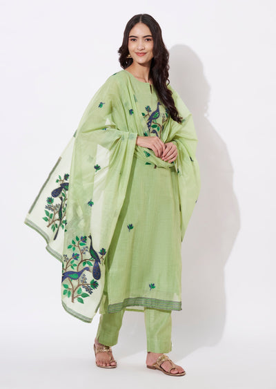 Parrot Green Chanderi Straight cut suit