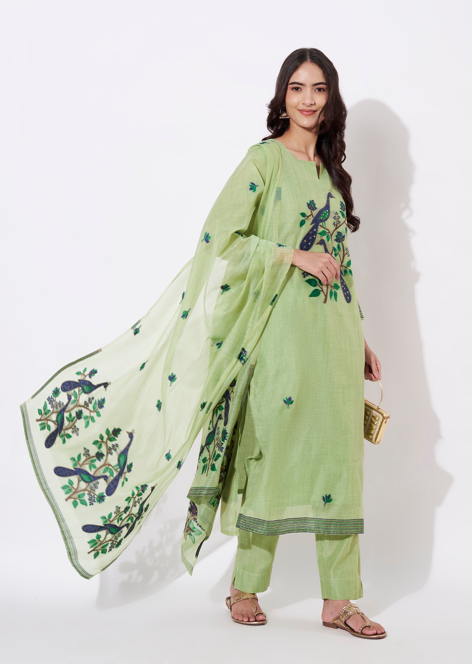 Parrot Green Chanderi Straight cut suit