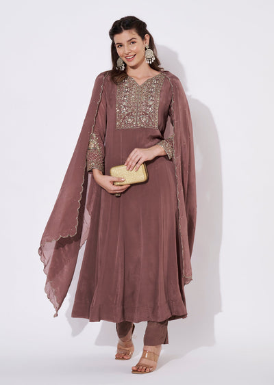 Brown Chinnon Anarkali Suit