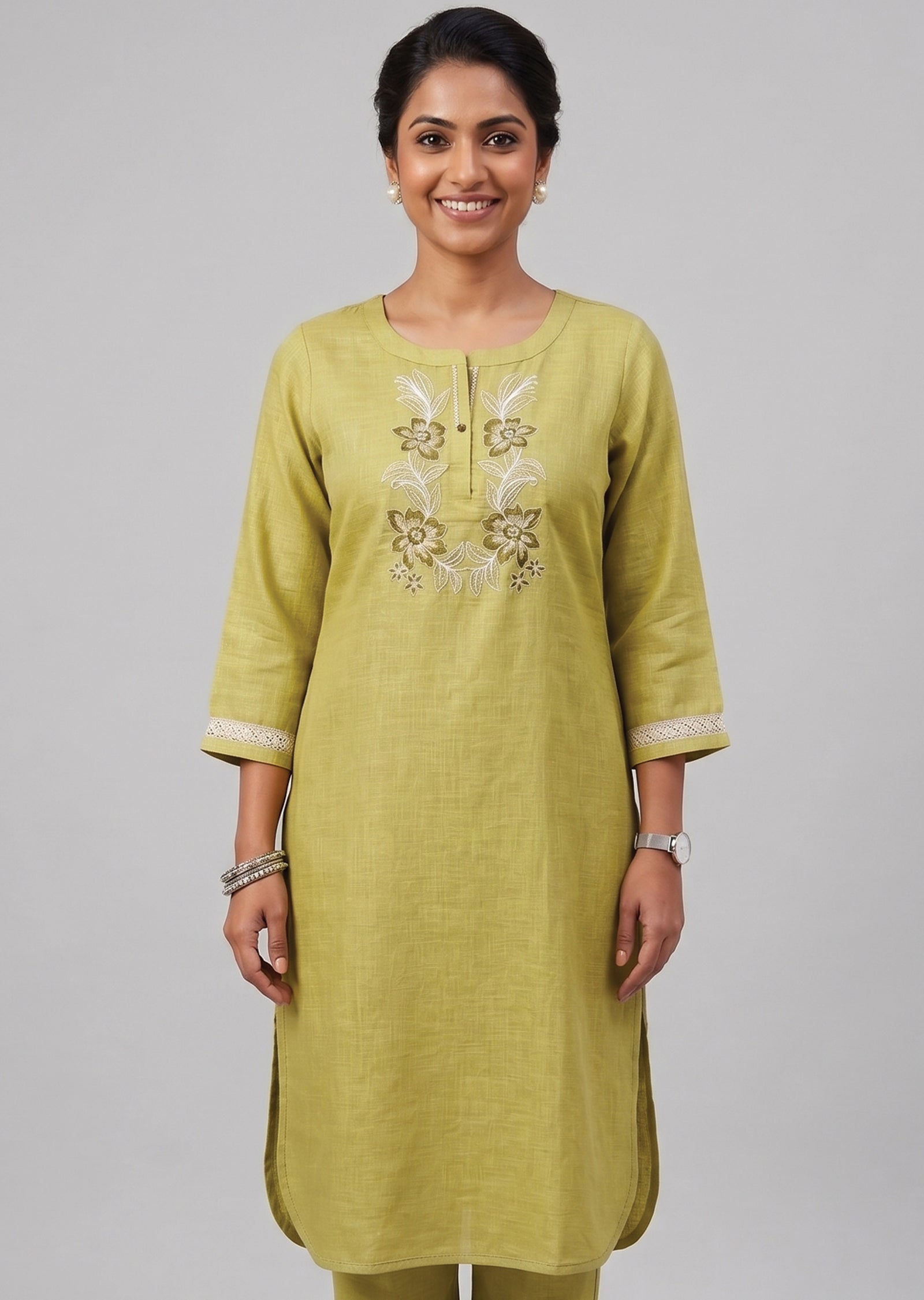 Lime Green Linen Cotton Kurti Set