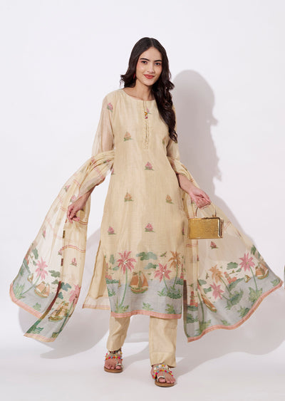 Dart Beige Chanderi Straight cut suit