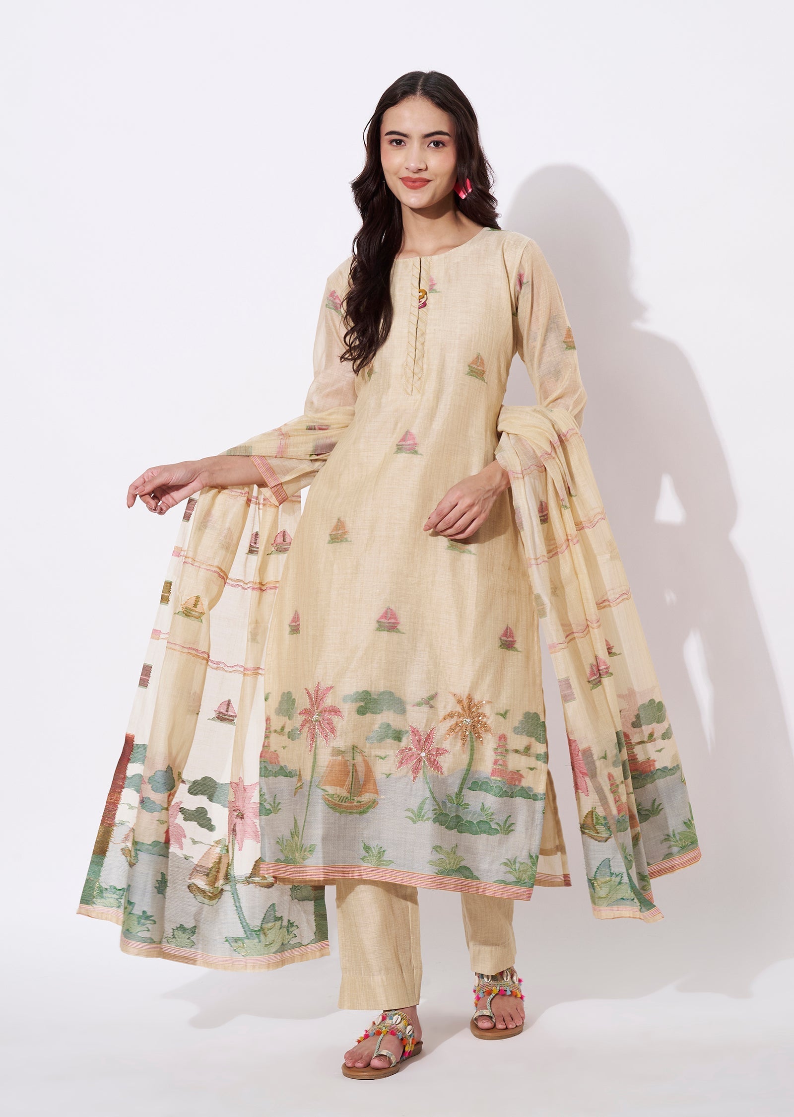 Dart Beige Chanderi Straight cut suit