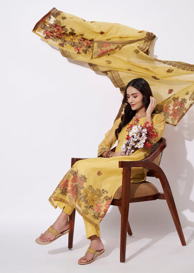 Yellow Chanderi Straight cut suit