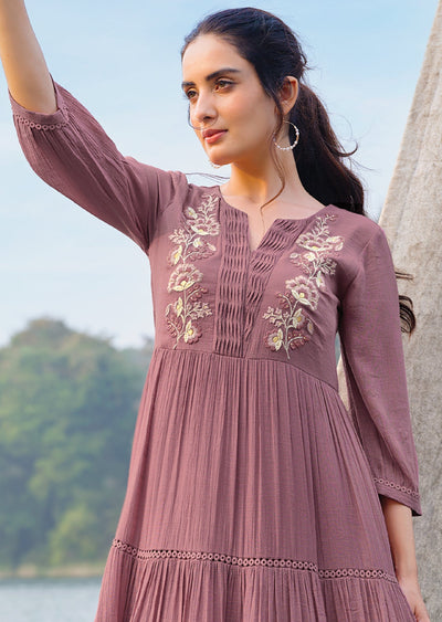 Dark Onion Pink Linen Georgette Frock Kurti
