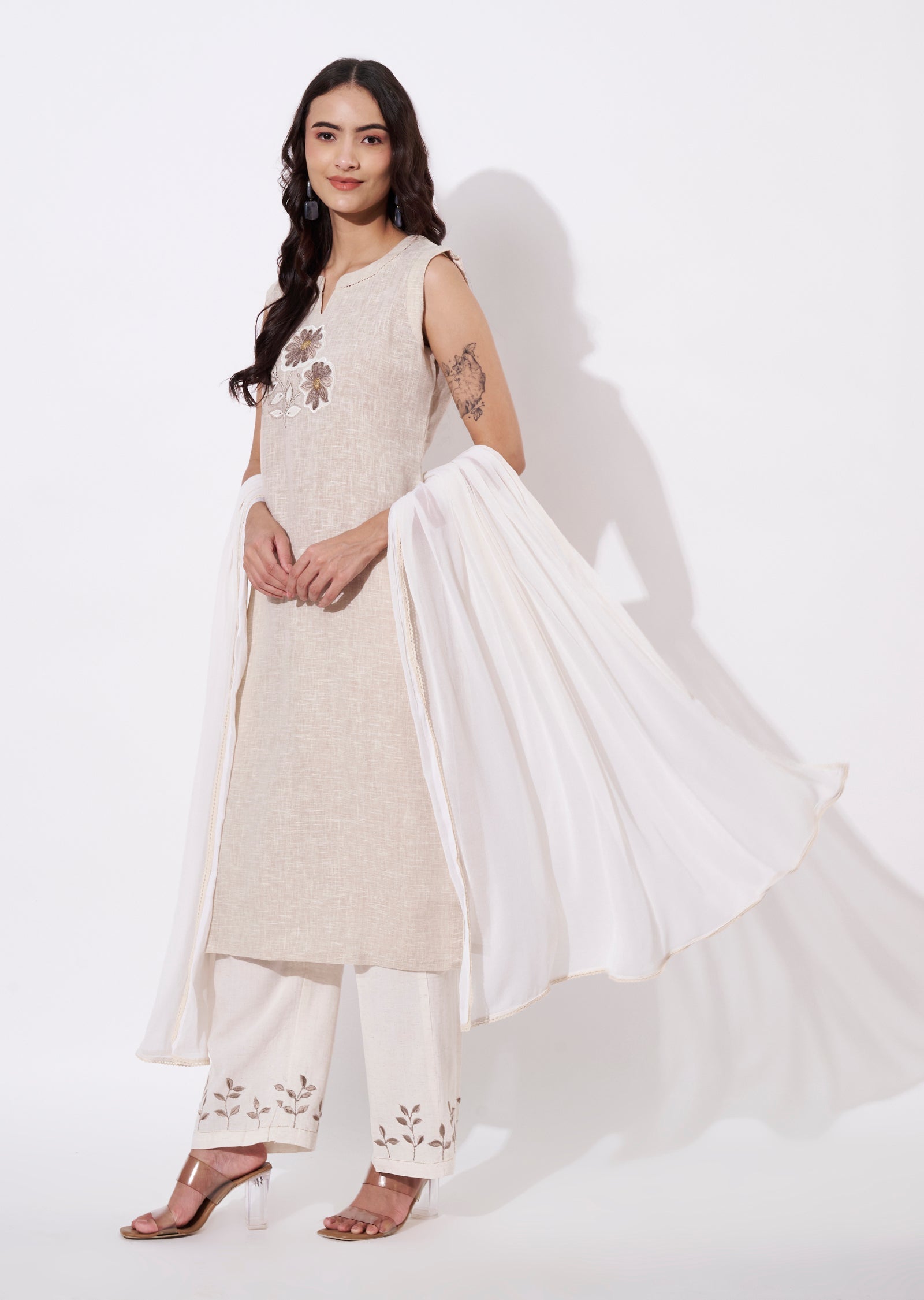 Beige Cotton Straight cut suit