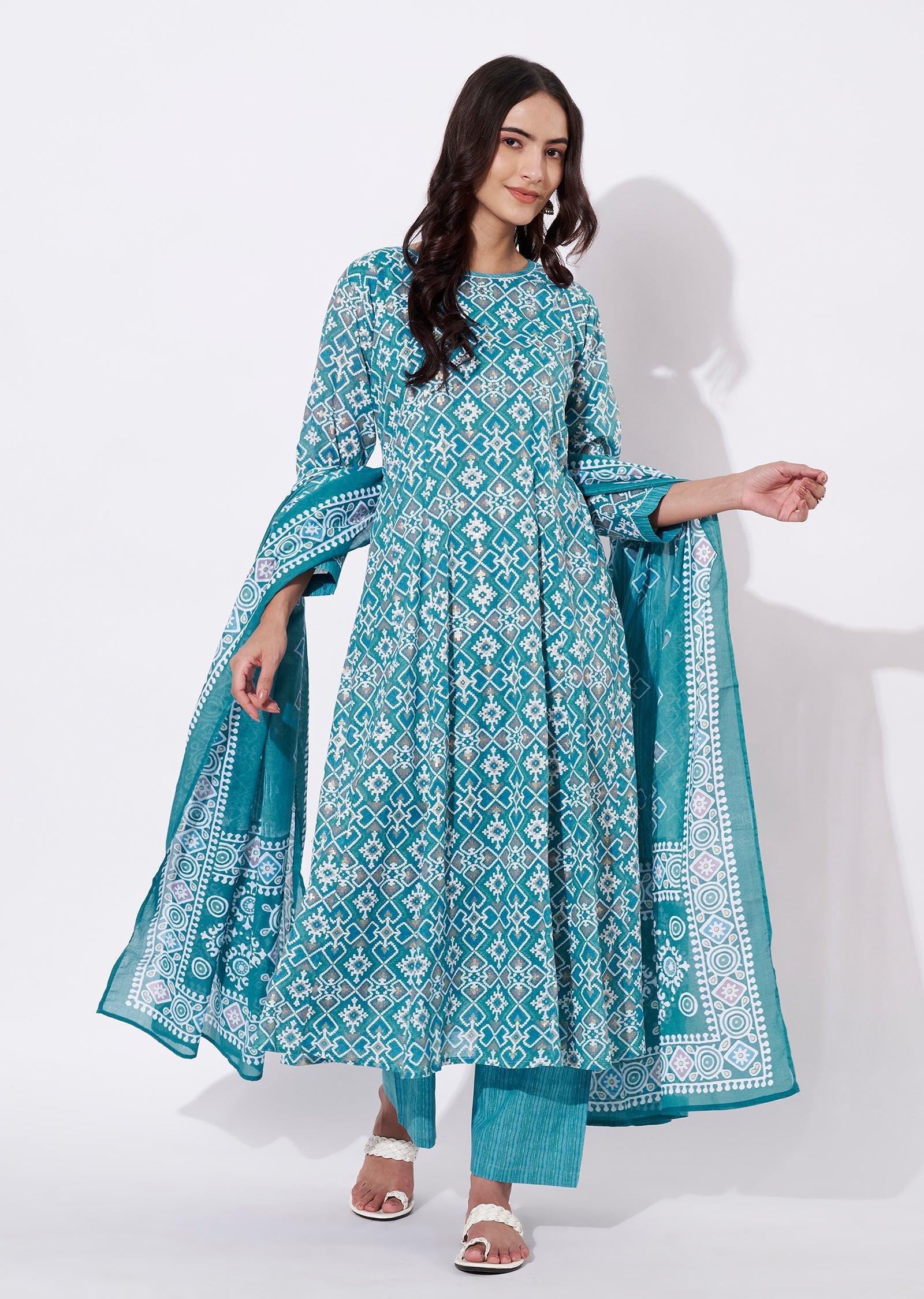 Dusty Blue Cotton Anarkali Suit