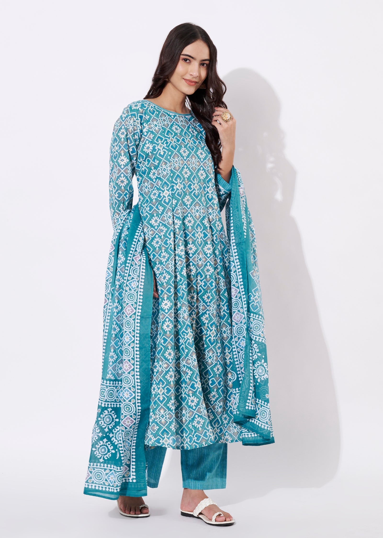 Dusty Blue Cotton Anarkali Suit