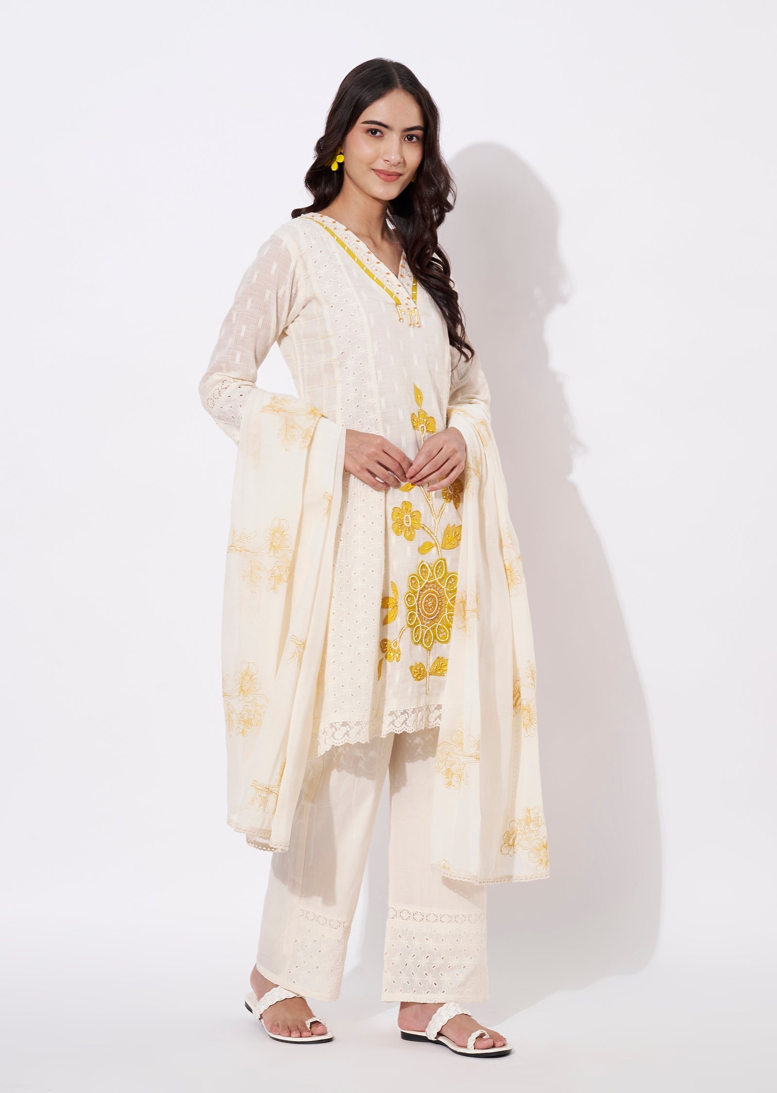 Off White Cotton Anarkali Suit