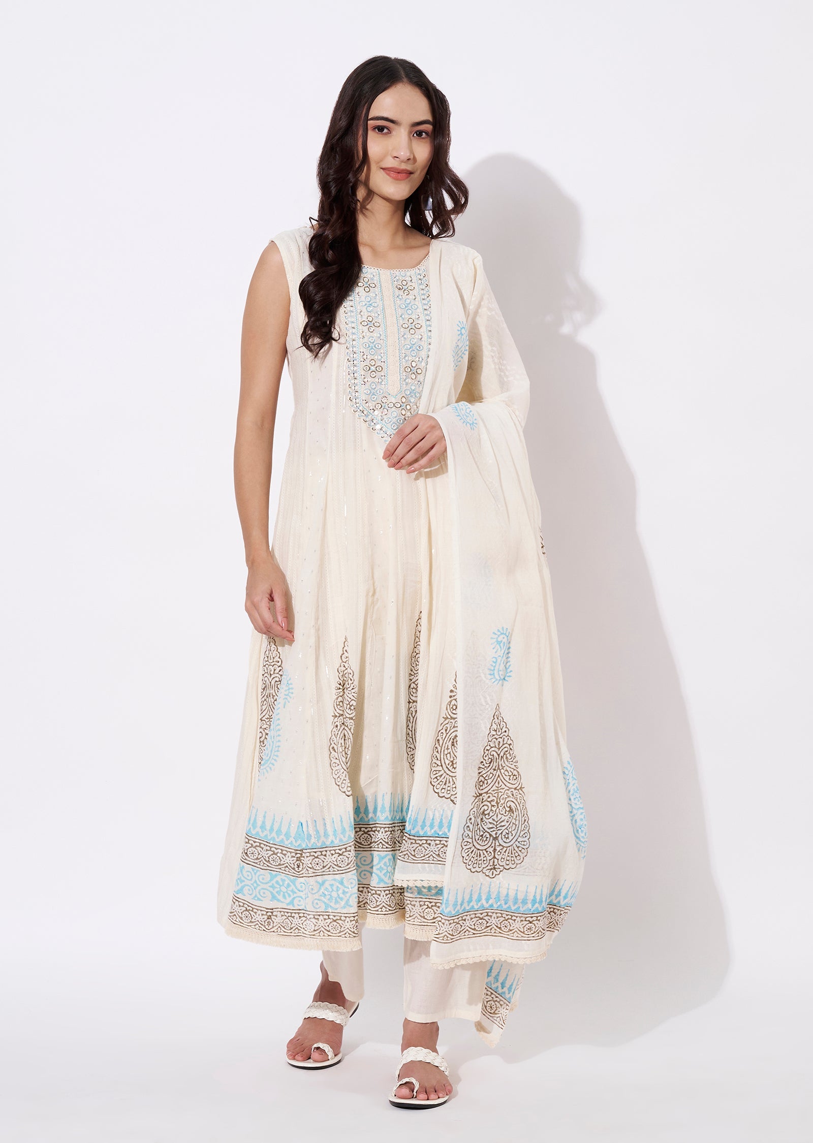 Off White Cotton Anarkali Suit