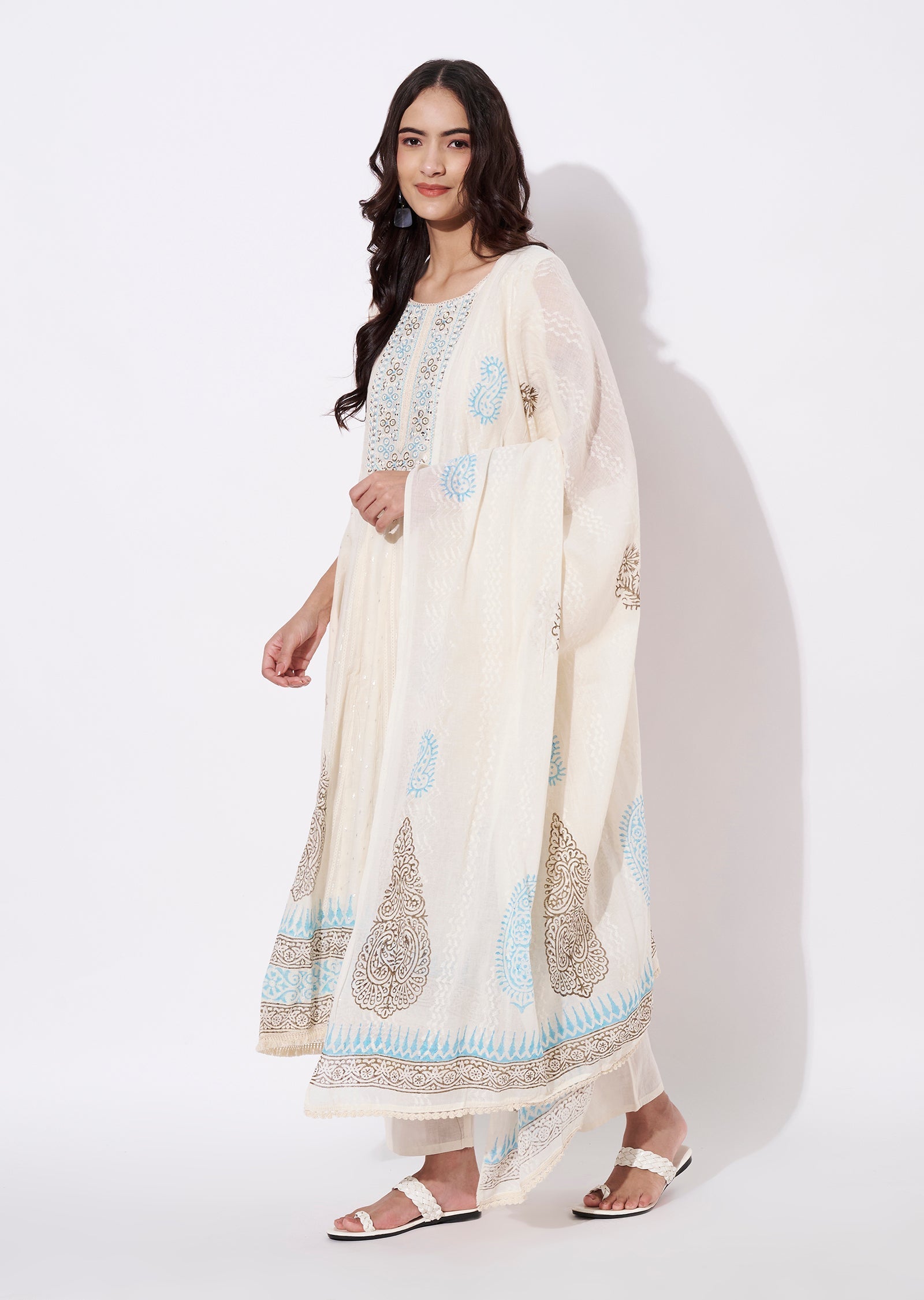 Off White Cotton Anarkali Suit