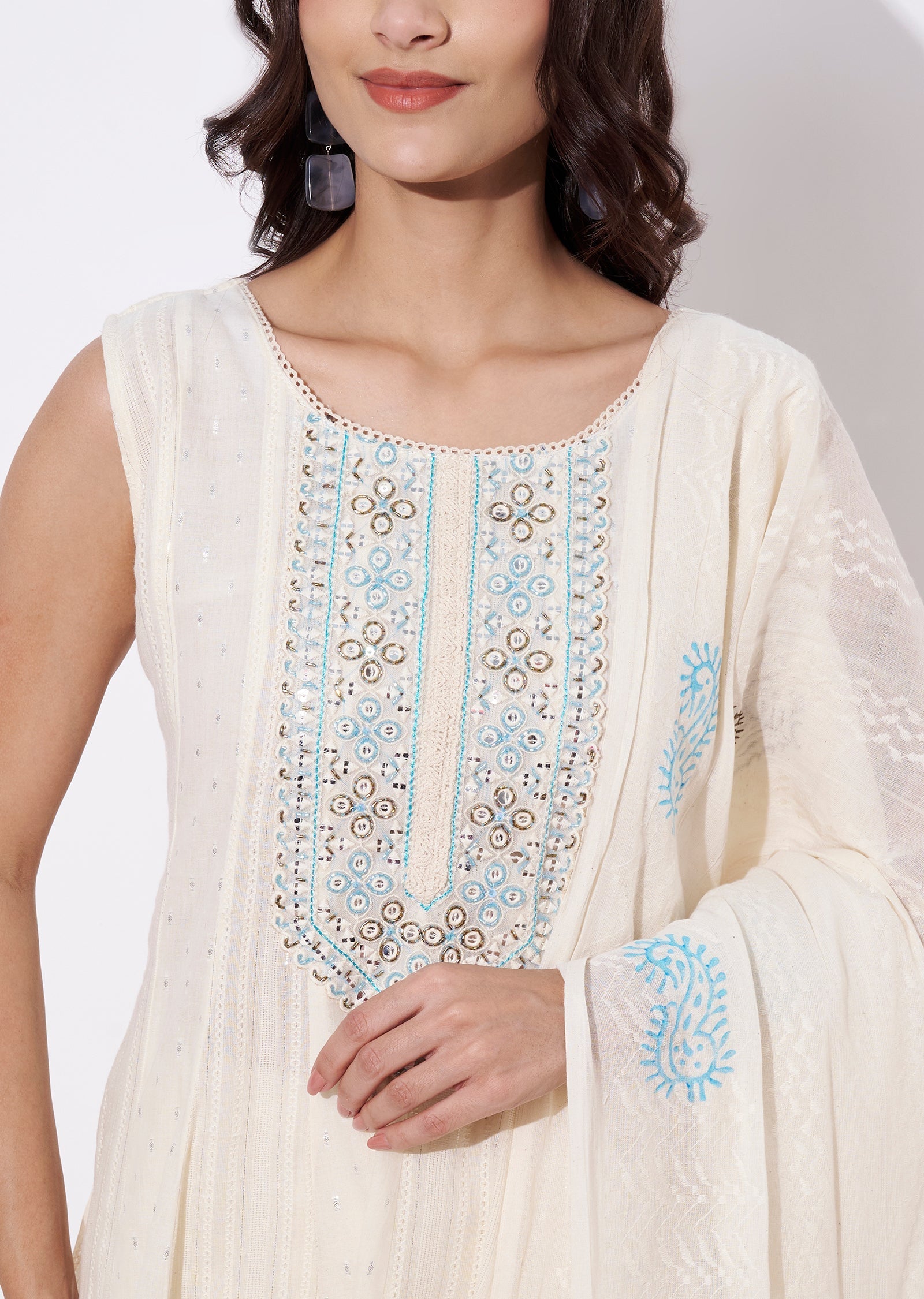 Off White Cotton Anarkali Suit