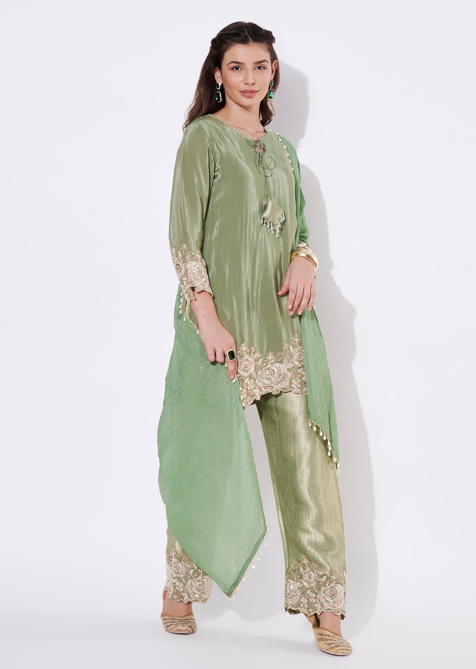 Dusty Green Silk Straight cut Suit