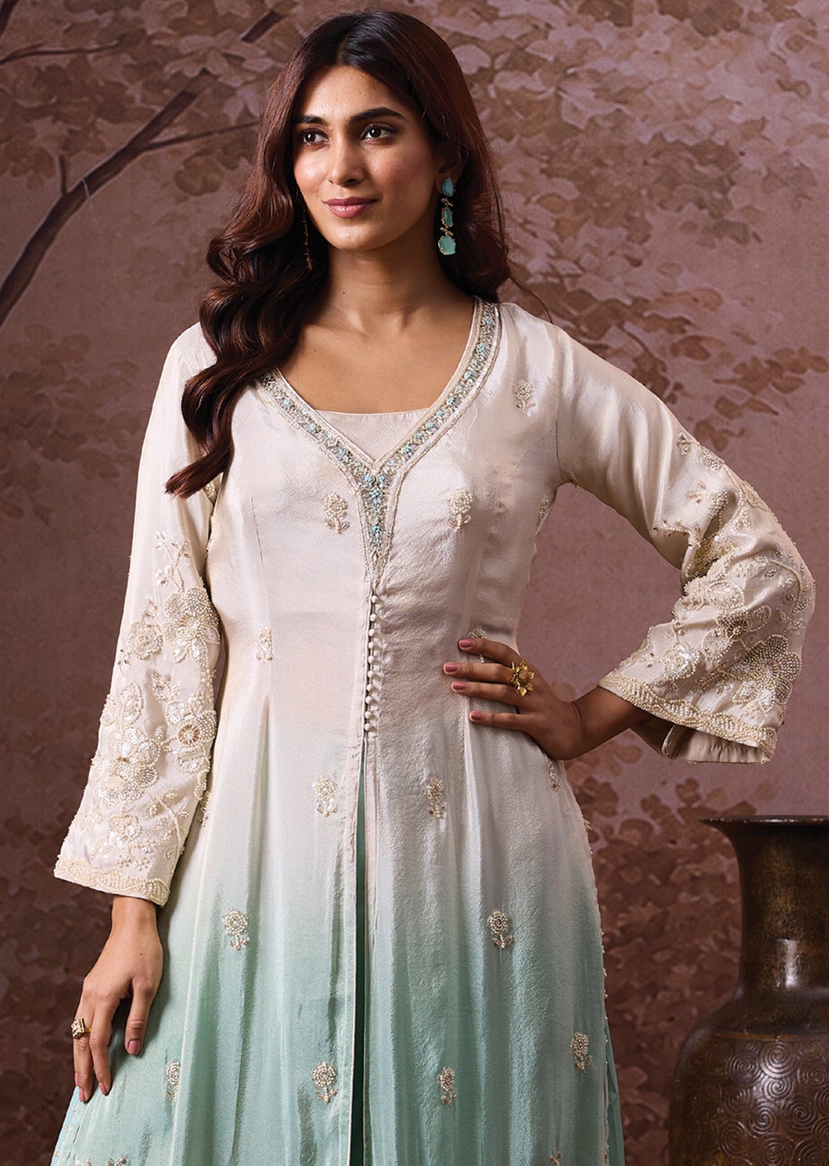 Cream Tissue Indowestern Set