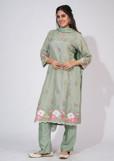 Light Green Silk Straight cut suit
