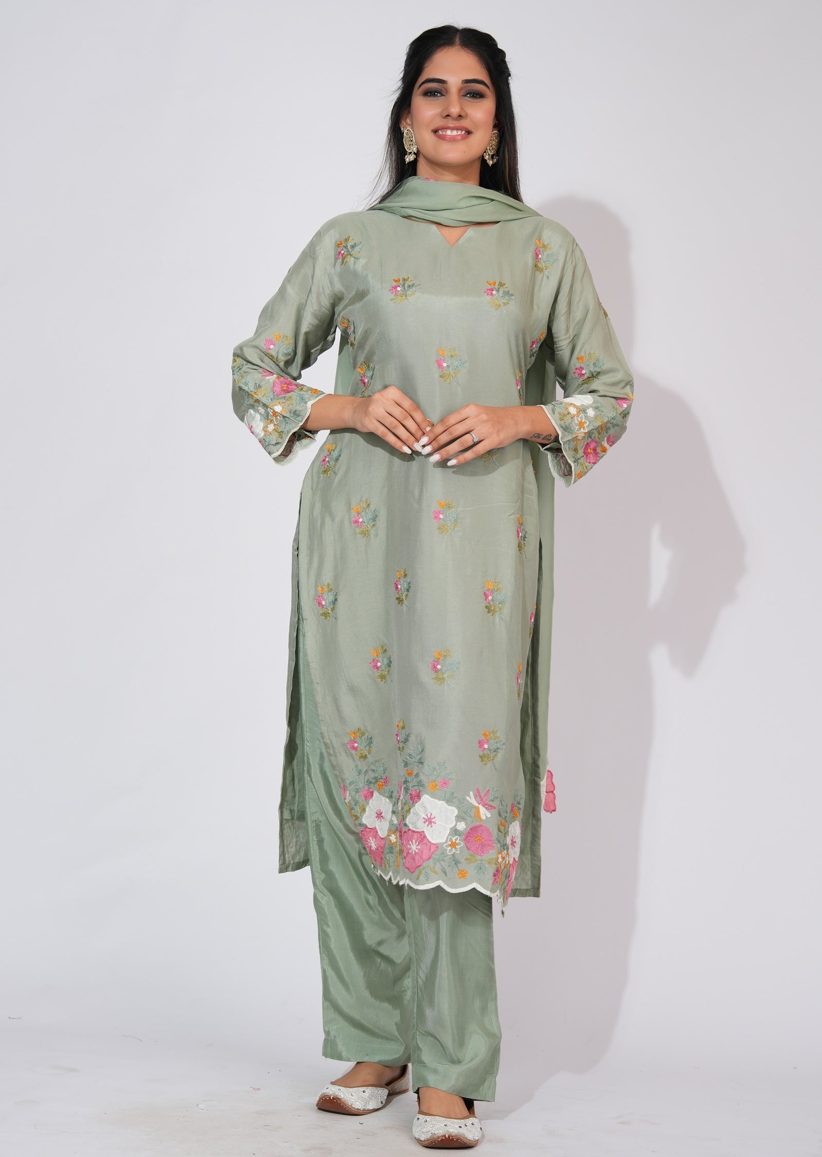 Light Green Silk Straight cut suit