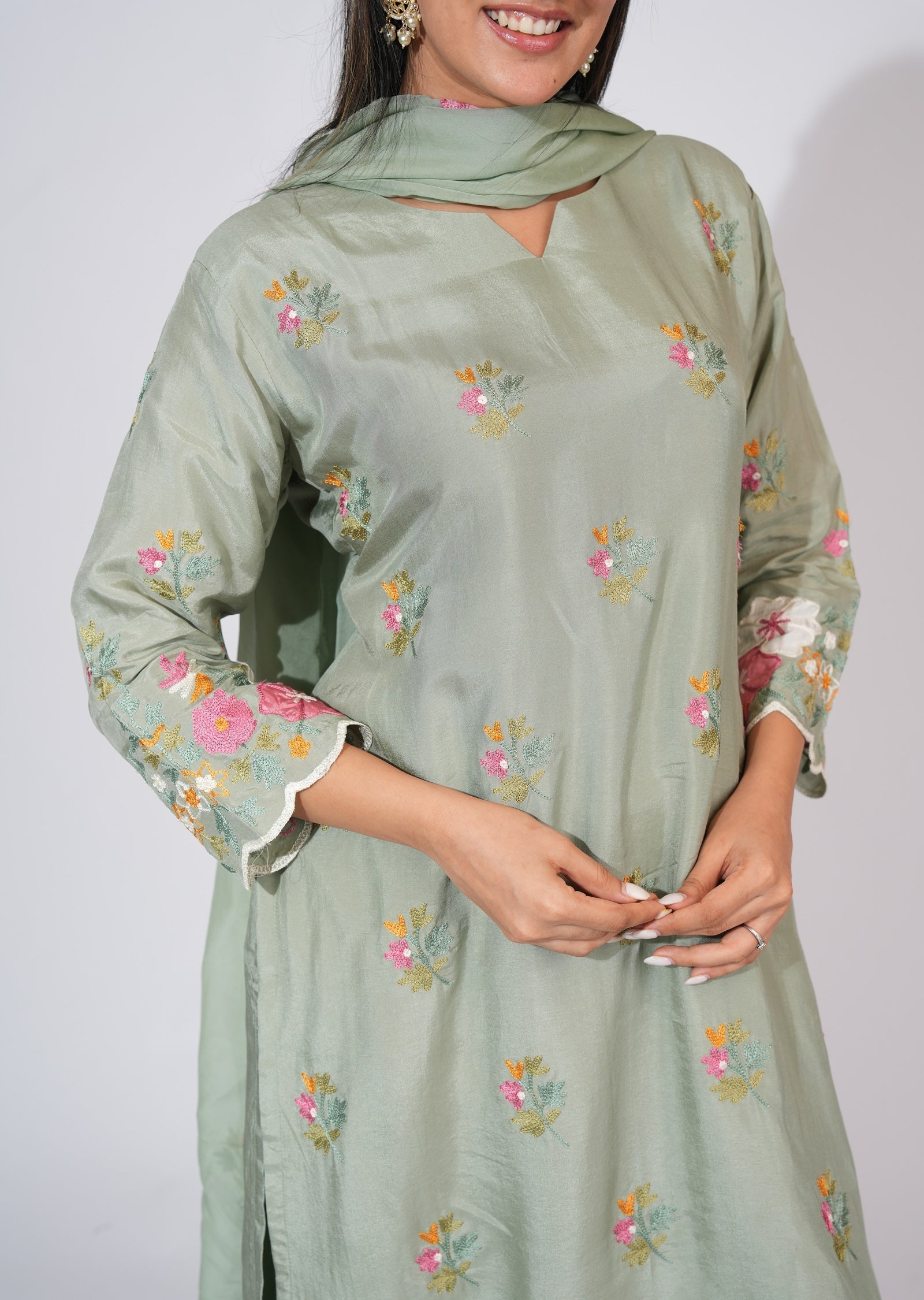 Light Green Silk Straight cut suit