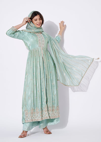 Sea Green Tissue Anarkali Suit