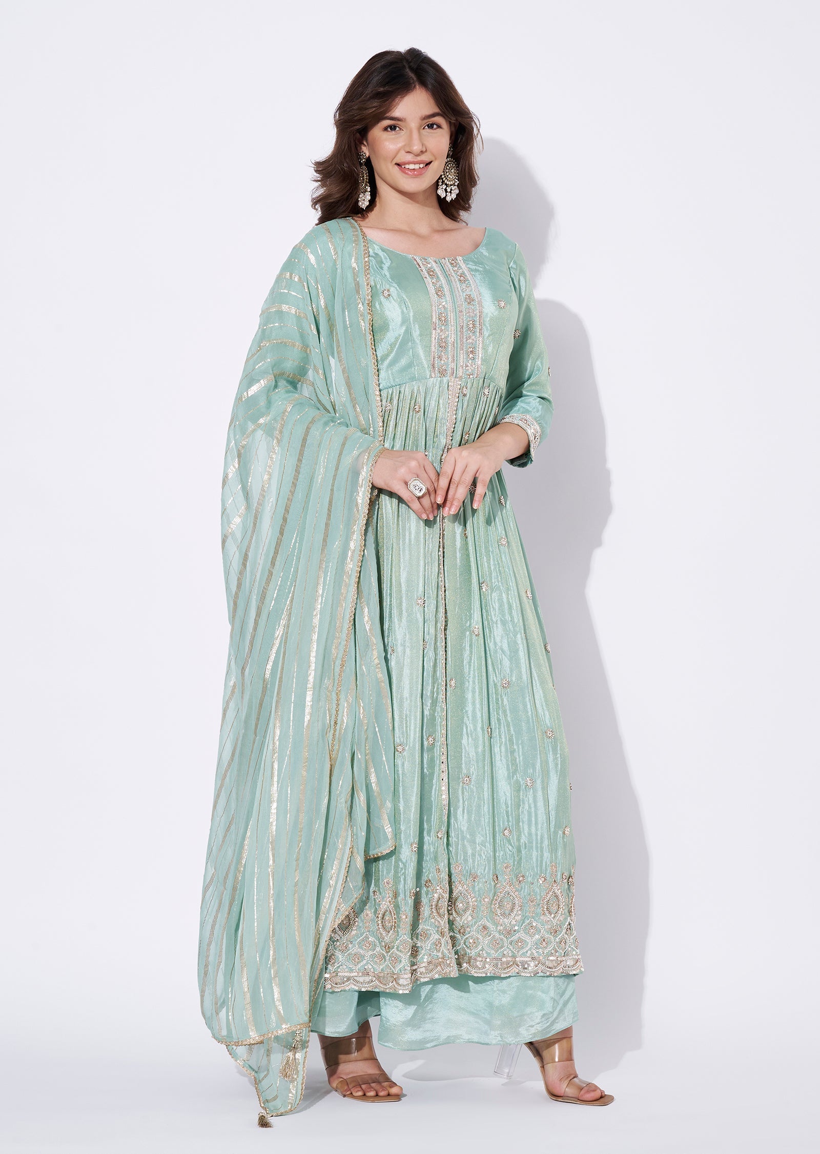 Sea Green Tissue Anarkali Suit