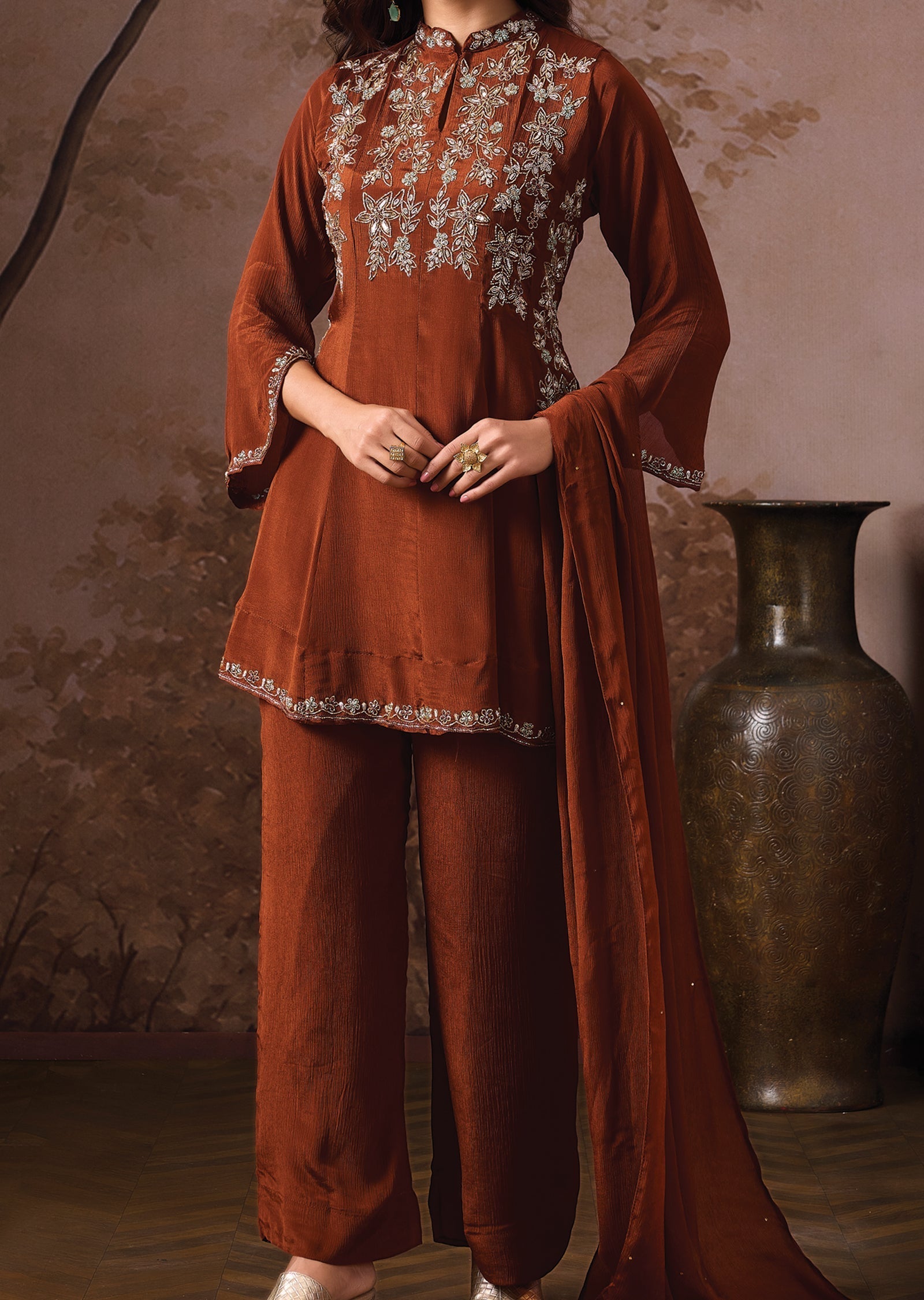 Brwon Chinnon Anarkali Suit