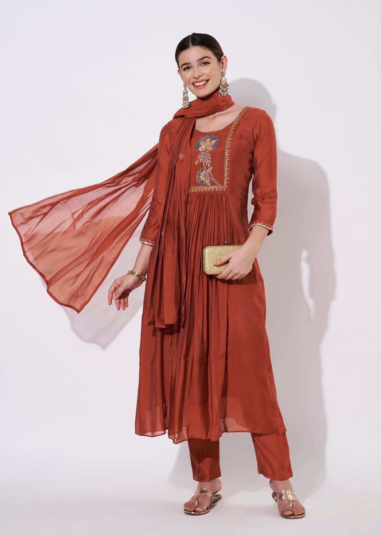Rust Chinnon Anarkali Suit