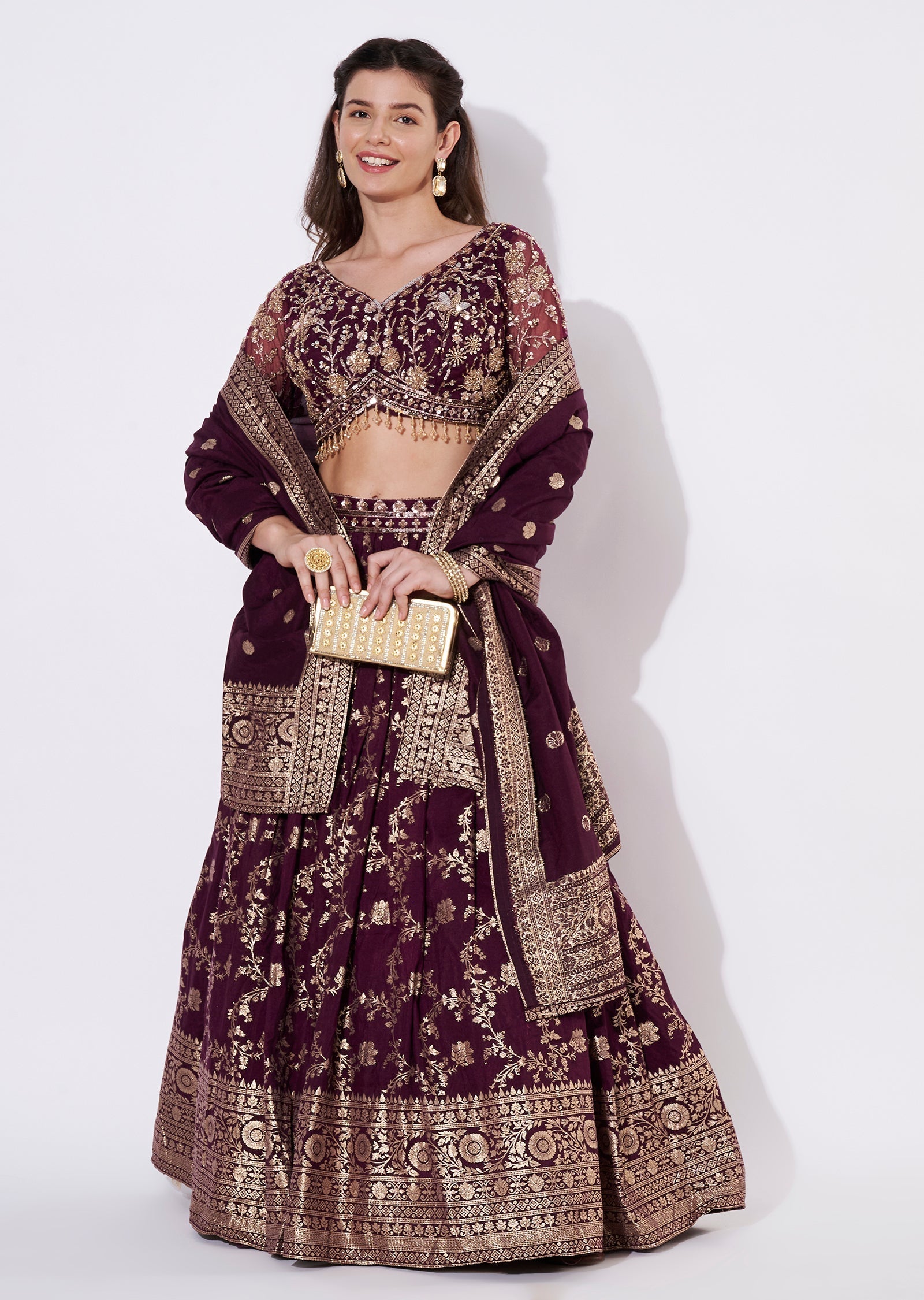Wine Banaras Silk Lehenga Set