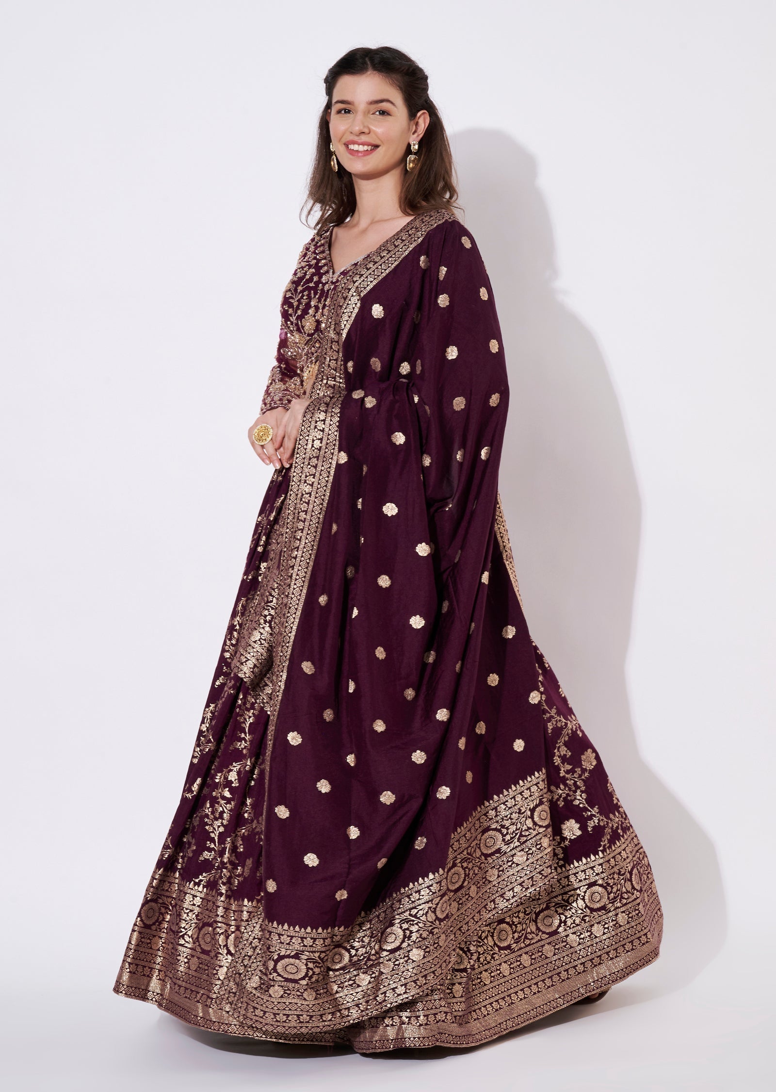 Wine Banaras Silk Lehenga Set