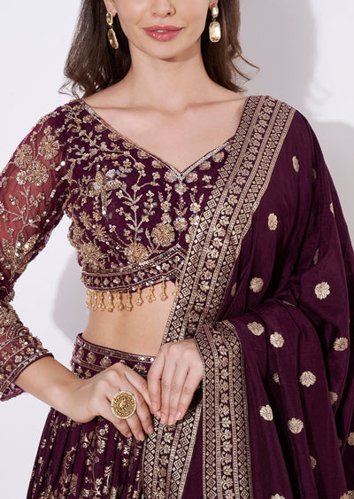 Wine Banaras Silk Lehenga Set