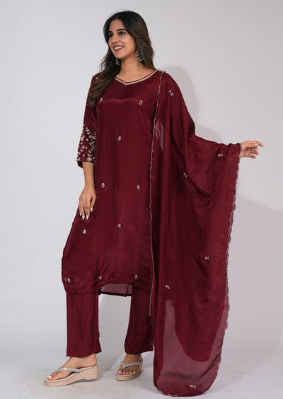 Maroon Silk Straight cut suit
