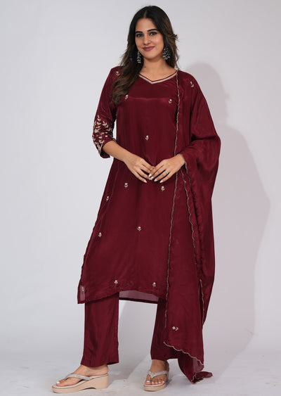 Maroon Silk Straight cut suit