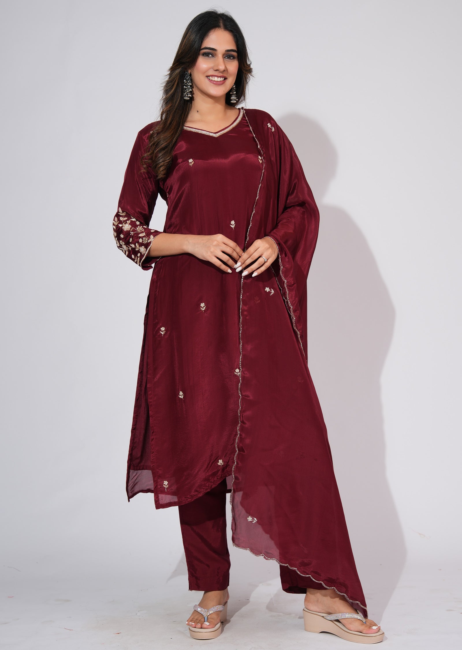 Maroon Silk Straight cut suit