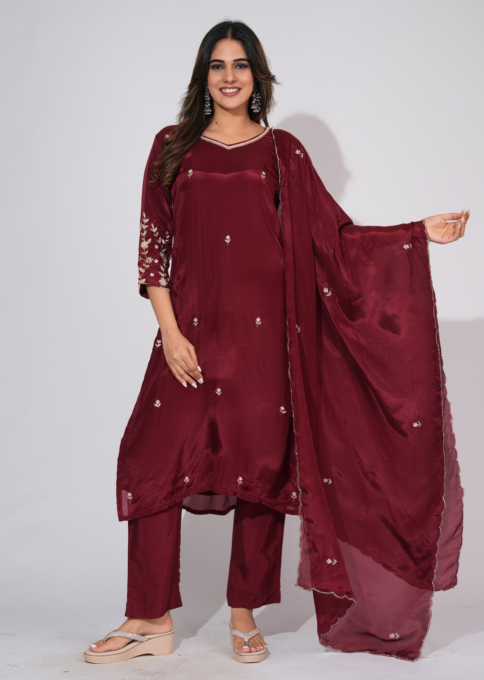 Maroon Silk Straight cut suit