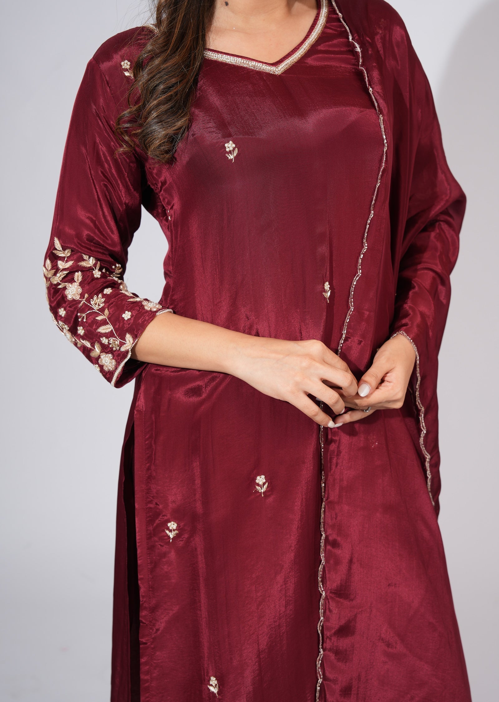 Maroon Silk Straight cut suit