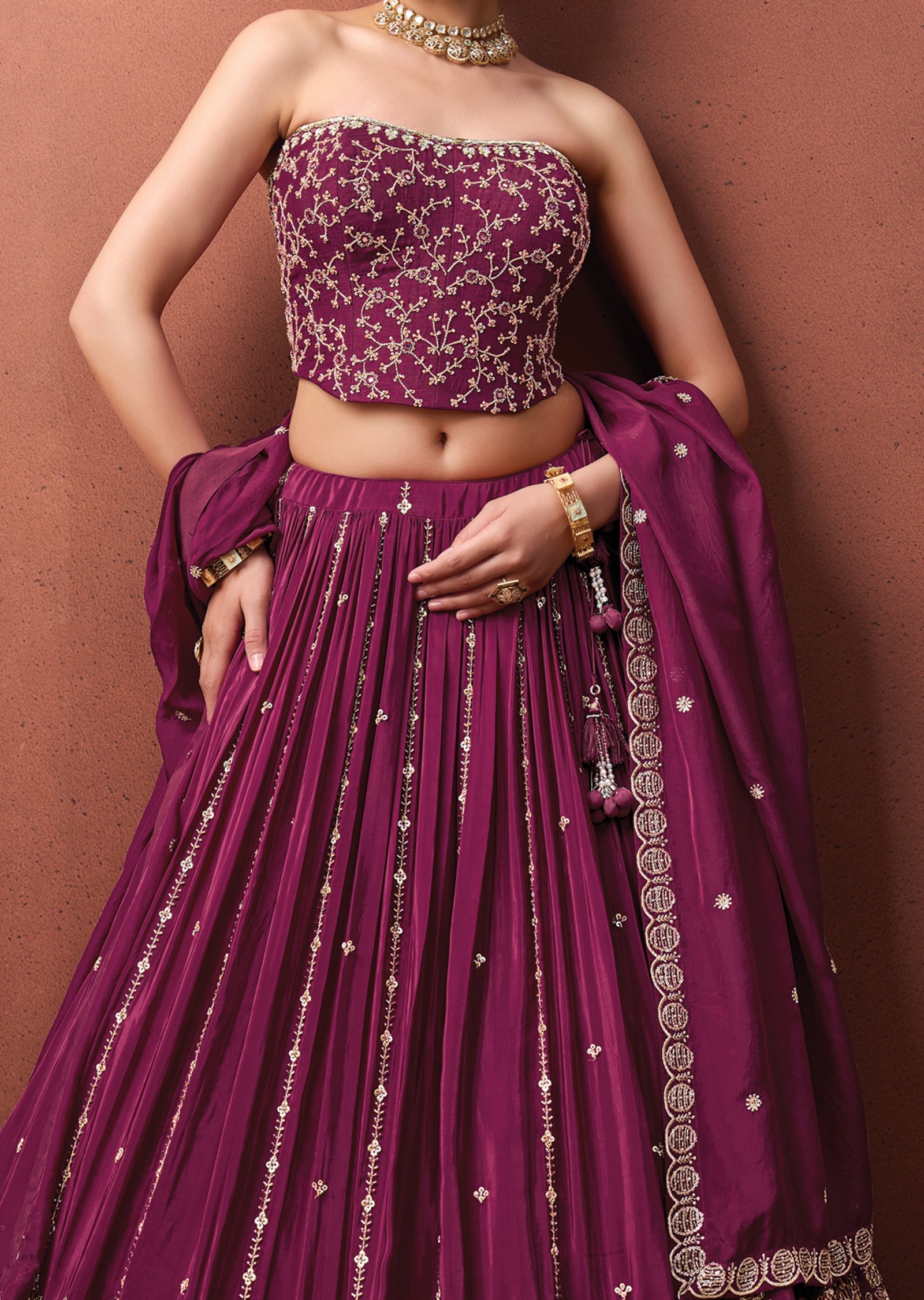 Magenta Silk Corset Lehenga